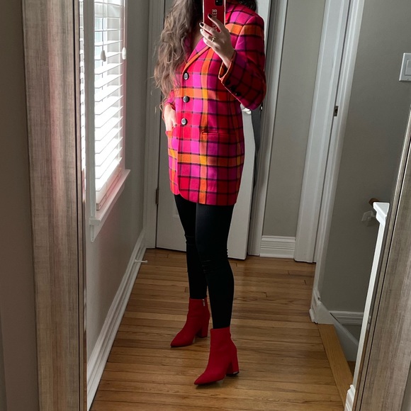 Escada By Margaretha Ley Red Plaid Notch Lapel Long Sleeve Wool Blazer s… - Picture 3 of 12
